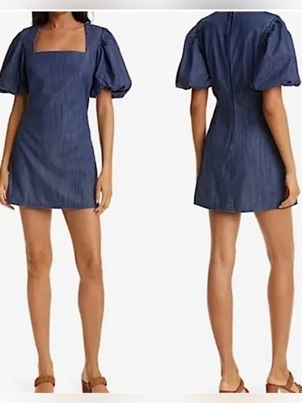 FRAME • Nina denim blue Puff-Sleeve Square-Neck Mini Dress - Large short sleeve